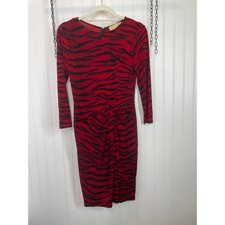 Michael Kors Red And Black Long Sleeve Ruched Midi Faux Wrap Dress Size XS