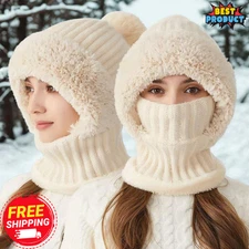 3-in-1 Women Knit Hat Winter Beanie Thermal Neck Gaiter Hooded Ear Flaps Cap NEW