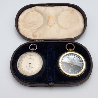 R & J Beck London Pocket Barometer & Singer's Patent Compass Set in bestücktem Etui