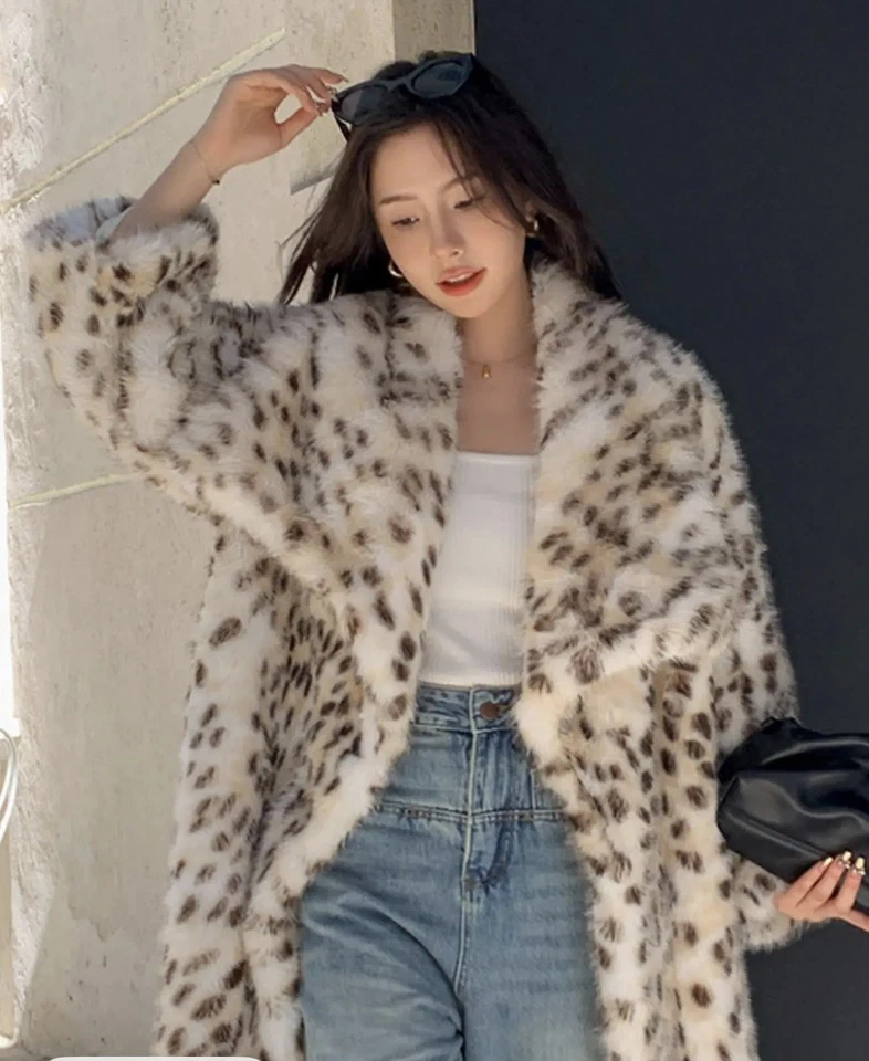 Abrigo cortavientos para mujer estampado de leopardo de piel sintética lana cálido invierno piel de visón Foto 4 de 4