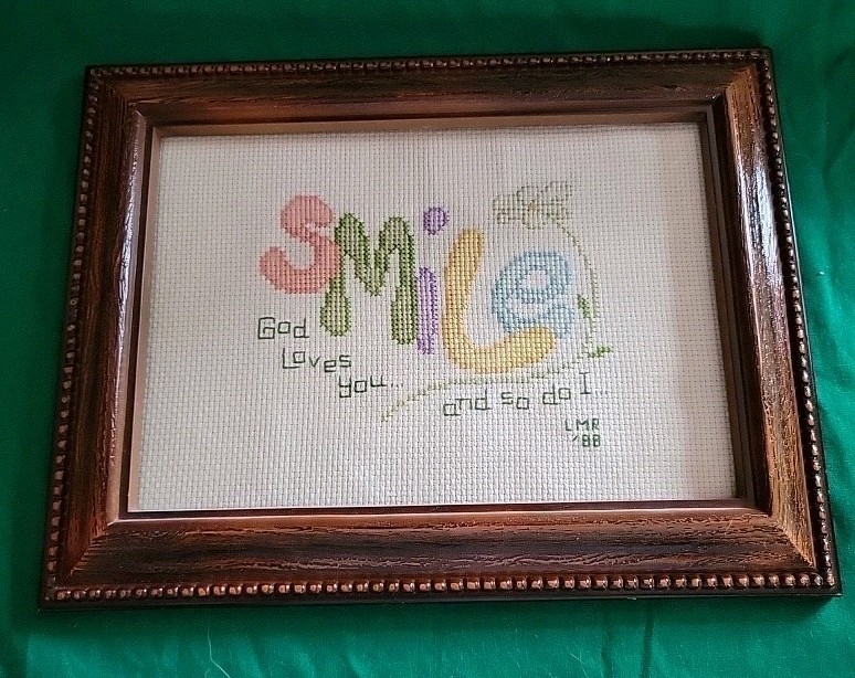 Vintage Framed Needle Point- Smile, God Loves You and so do I- 8x10  1988