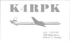 Ham Radio QSL Card K4RPK Atlanta GA 1960 Airliner Morse Code 20m 15m 10m