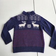 Gymboree Navy Zip-Up Sweater with White Reindeer Kids Blue Red S 5-6