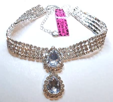 Elegant Silver Drop JEWELS Choker 4 Row RHINESTONE Betsey Johnson Necklace