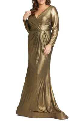 Mac Duggal Bronze Metallic Long Sleeve Faux Wrap Gown Size 22W $398
