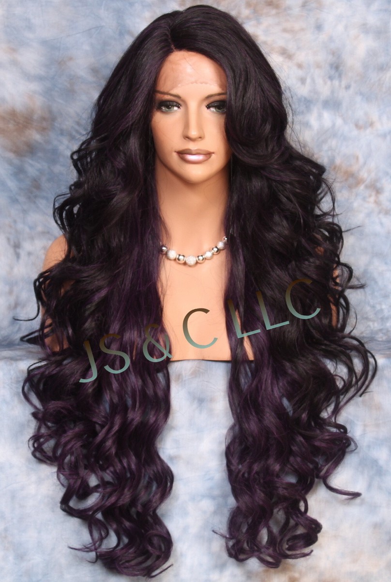 Human Hair Blend Mono Top Full Lace Front Wig Curly Dk Purple Mix