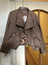 Pure Leather Biker Jacket Women's Size 12 Colour Taupe Brown - F&f Brand New