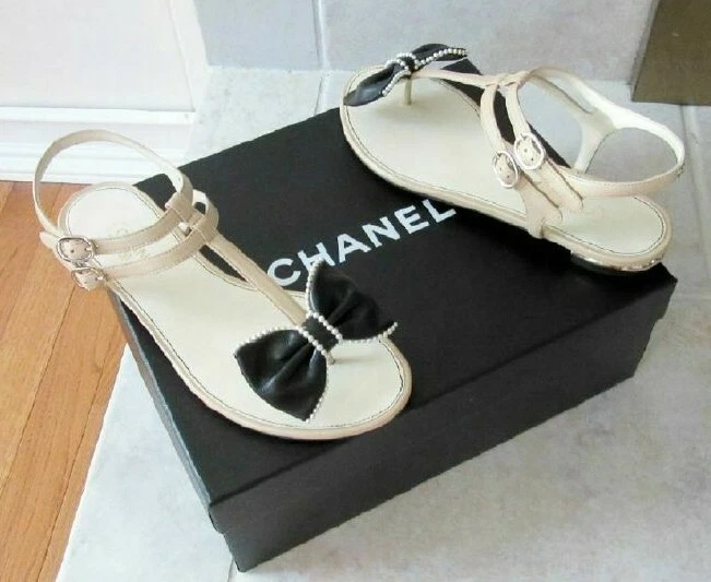 CHANEL Beige & Black Pearl Bow CC Logo Sandals Shoes 36.5 New 6.5