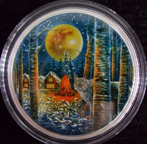 2 oz. Pièce de monnaie en argent pur brillant dans le noir - Animaux au clair de lune : Lynx Canada - Photo 1 sur 5