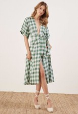 Reformation Geneva Dress In Green Gingham Linen Midi XS