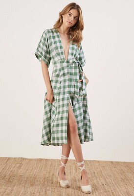 Reformation Geneva Dress In Green Gingham Linen Midi XS | eBay
