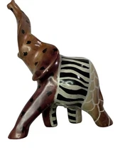 Vintage Hand-Carved Elephant Figurine Zebra & Giraffe Patterns Trunk in Air