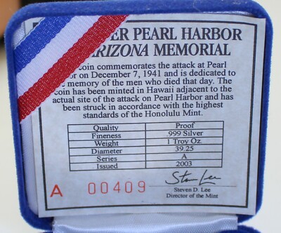 RARE Remember Pearl Harbor U.S.S. Arizona Memorial 1 Oz .999