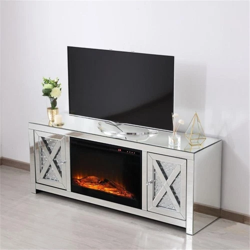 Elegant Decor Modern 2 Door 59" Clear Mirrored Faux Log Fireplace TV Stand - Picture 8 of 10