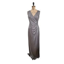 Lauren Ralph Lauren Silver Ruched Wrap Bodice Evening Gown Maxi Dress 8 NWT JO
