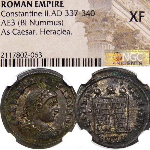 Constantine II Son of "the Great" NGC Certified XF. Silvered Campgate Roman Coin
