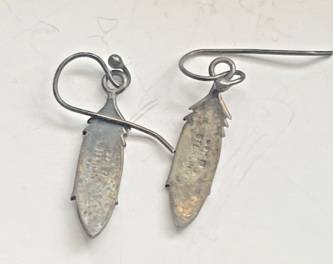 Native Signed Sterling Feather Drop Earrings Carv… - image 4