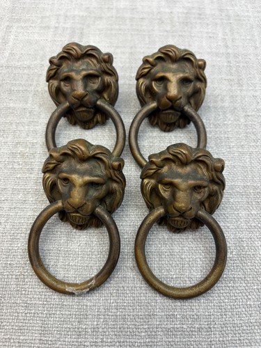 Lot 4 Gold Brass Lion Head Ring Pulls Small Traditional Drawer Cabinet Hardware