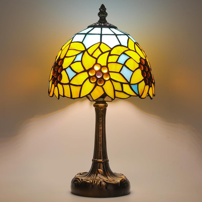 Tiffany Sunflower Stained Glass Table Lamp Antique Leaf Base w/3-Color Bulb