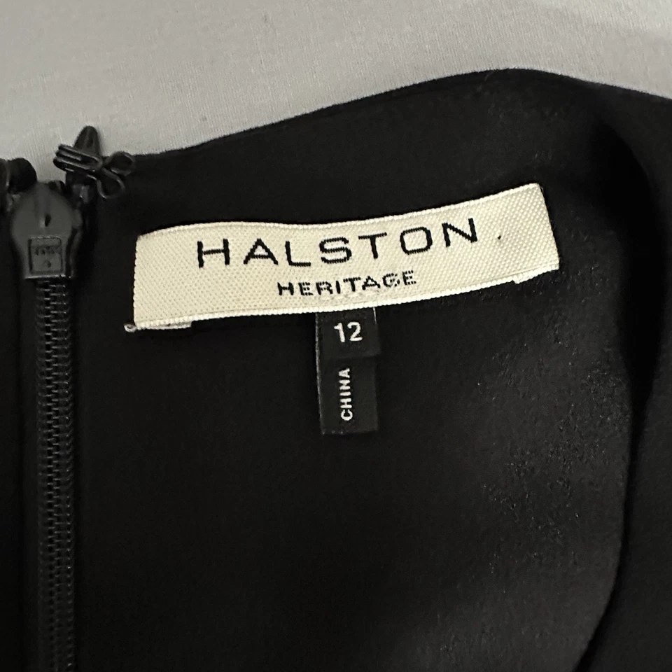 Halston Heritage Dress Womens 12 Black Sleeveless Asymmetrical Midi A-Line Swing - Image 3 of 4