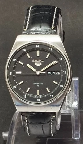 Vintage Seiko 5 Black Face 17 Jew 6309 Day&Date Automatic Watch Free Shipping