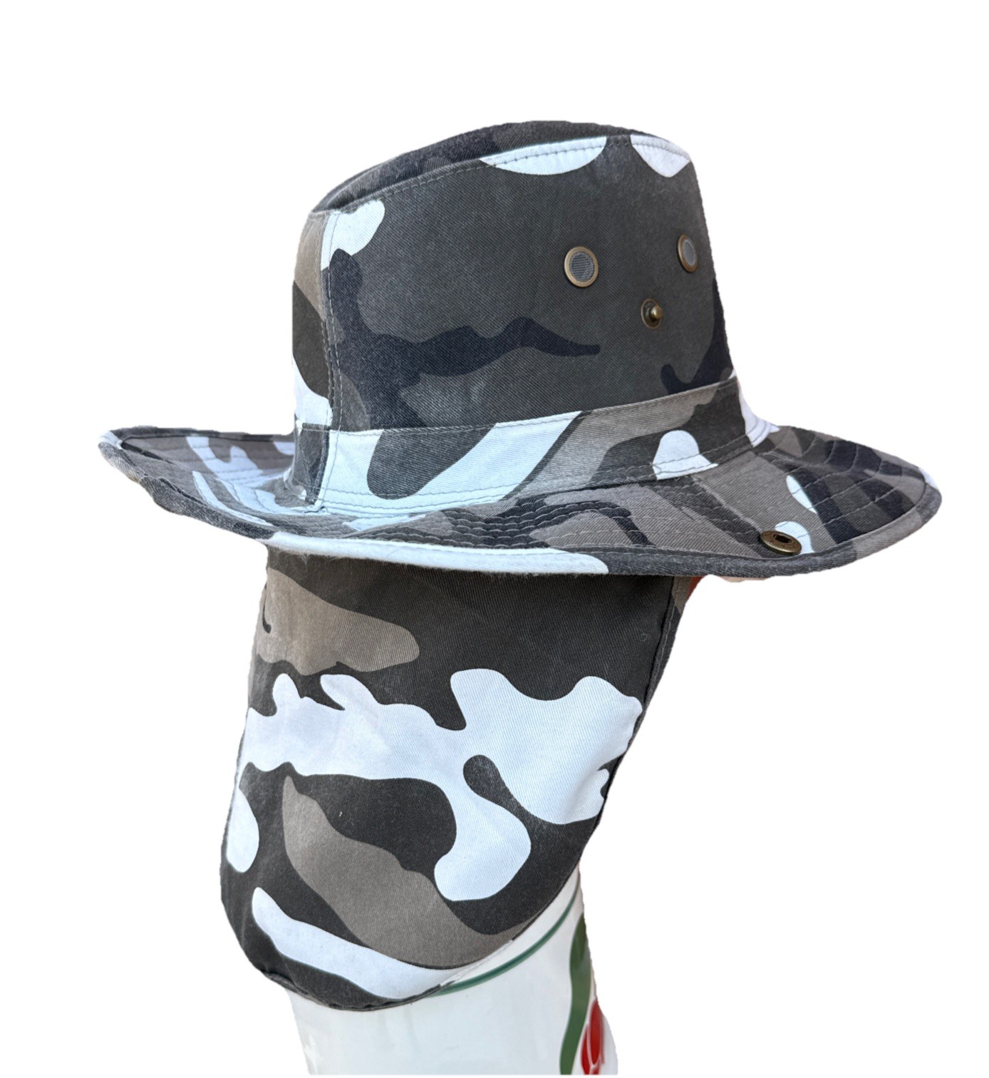 Black & White Camo Wide Brim Bucket Hat with Neck Cover by The Hat Company