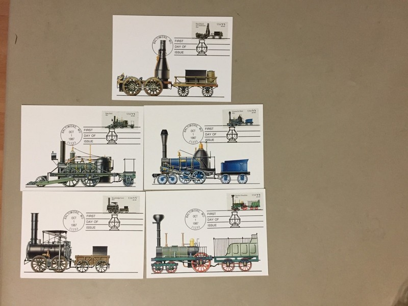 Set of five old locomotives maxi cards