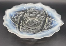 Vintage Clear to Opalescent Glass Ruffled Footed Bowl 8.5” Dia. x 1.5” Deep