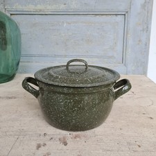 C1073 Sch&ouml;ner alter Emaille Kochtopf mit Deckel | gr&uuml;n-wei&szlig; | Email Topf