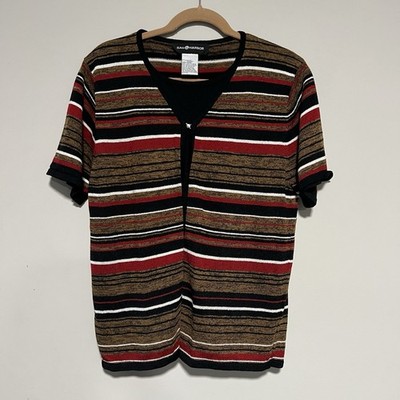 Sag Harbor Women s Sz Large Short Sleeve Knit Sweater Twin Set Striped Print Top