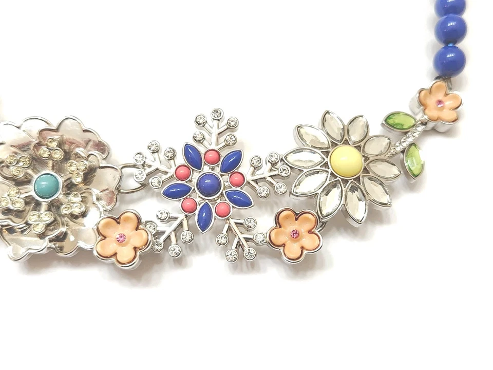 Ladies New Vintage Lia Sophia Silver Blue Bead Floral Flower Statement Necklace  - Image 4 of 4