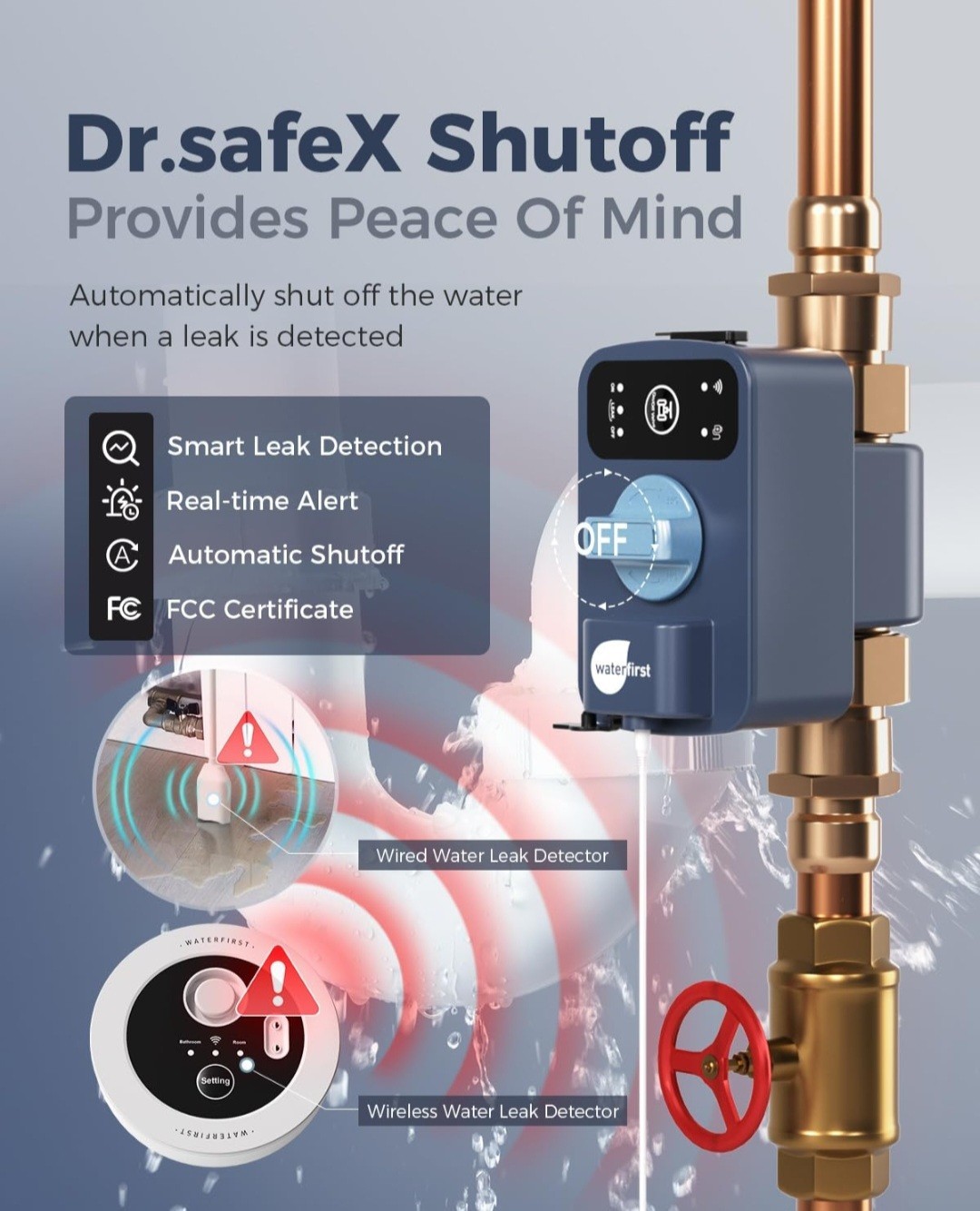 WaterFirst Dr.SafeX Water Leak Detector, Automatic Shutoff, 3/4" Pipe, Wireless