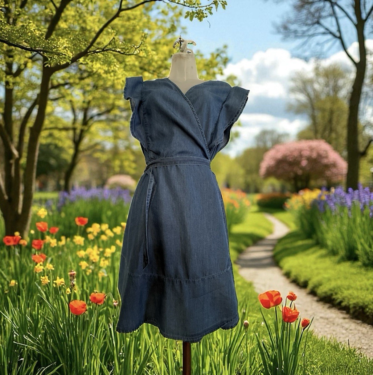 Ella Moss V-Neck Wrap Style Tie Waist Women's Mini Length Dress XL NWT Blue