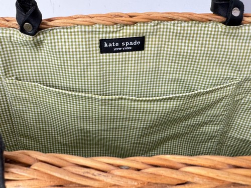 Kate Spade Wicker Basket Nantucket Bag Green Check Lining Vintage - Picture 9 of 13