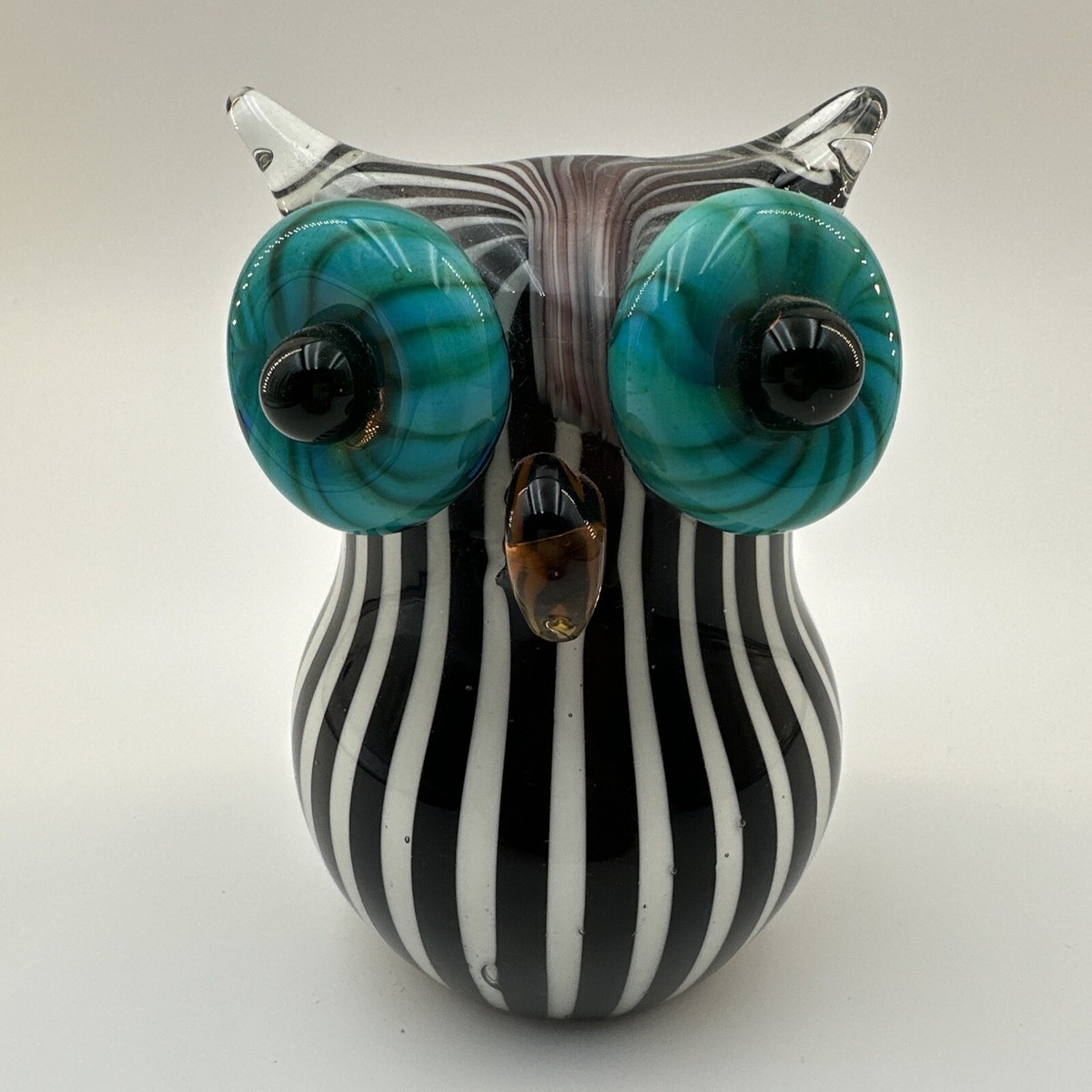 Vintage Murano Art Glass Black & White Striped Owl w/Lrg