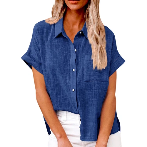 Womens Cotton Linen Casual Blouse Ladies Button T Shirt Short Sleeve Tops - Bild 24 von 72