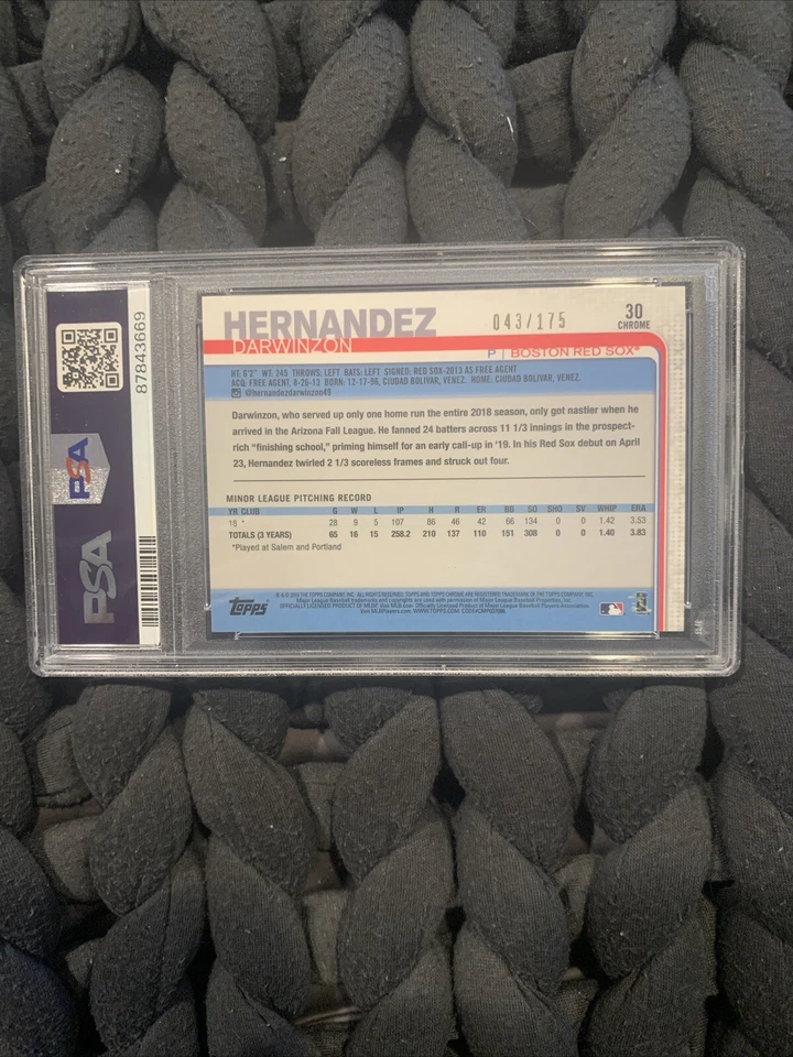 Darwinzon Hernandez RC #/175 Purple Refractor 2019 Topps Chrome PSA 10 Pop 2 - Image 2 of 4