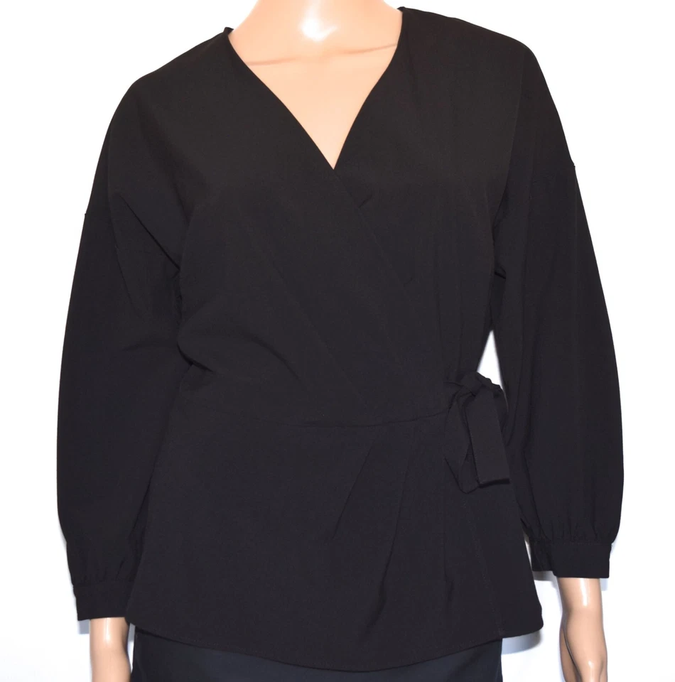 Halogen Black Puff 3/4 Sleeve V-Neck Waist Tie Closure Wrap Peplum Top Size S - Image 3 of 4