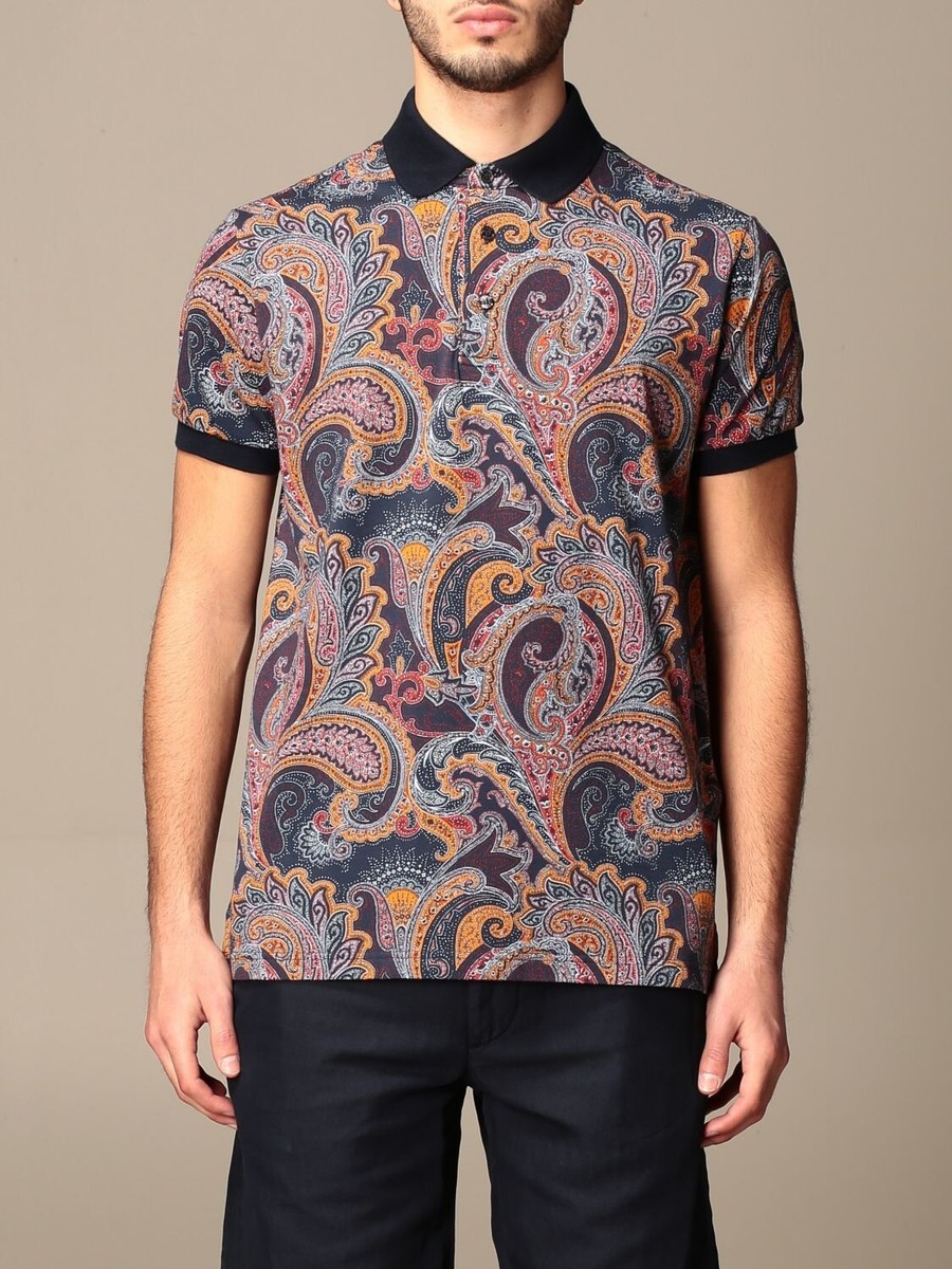 Tシャツ・カットソー ETRO Men Polo Shirts MRMA0002 AK576X0800 White Etro Men's Paisley All Over Print Polo Shirt- Navy Blue