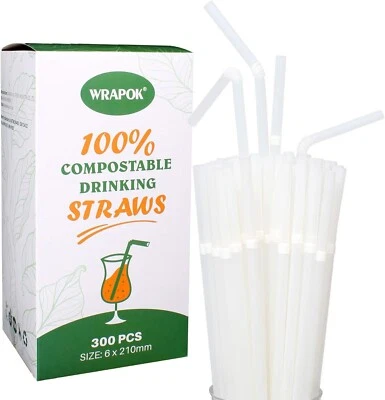 WRAPOK 300 pack Biodegradable Drinking Straws 100% Compostable Flexible Plant Based