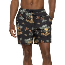 Quiksilver Men's L Shorts Swim Trunks Elastic Waist Black Hawaii Island Print