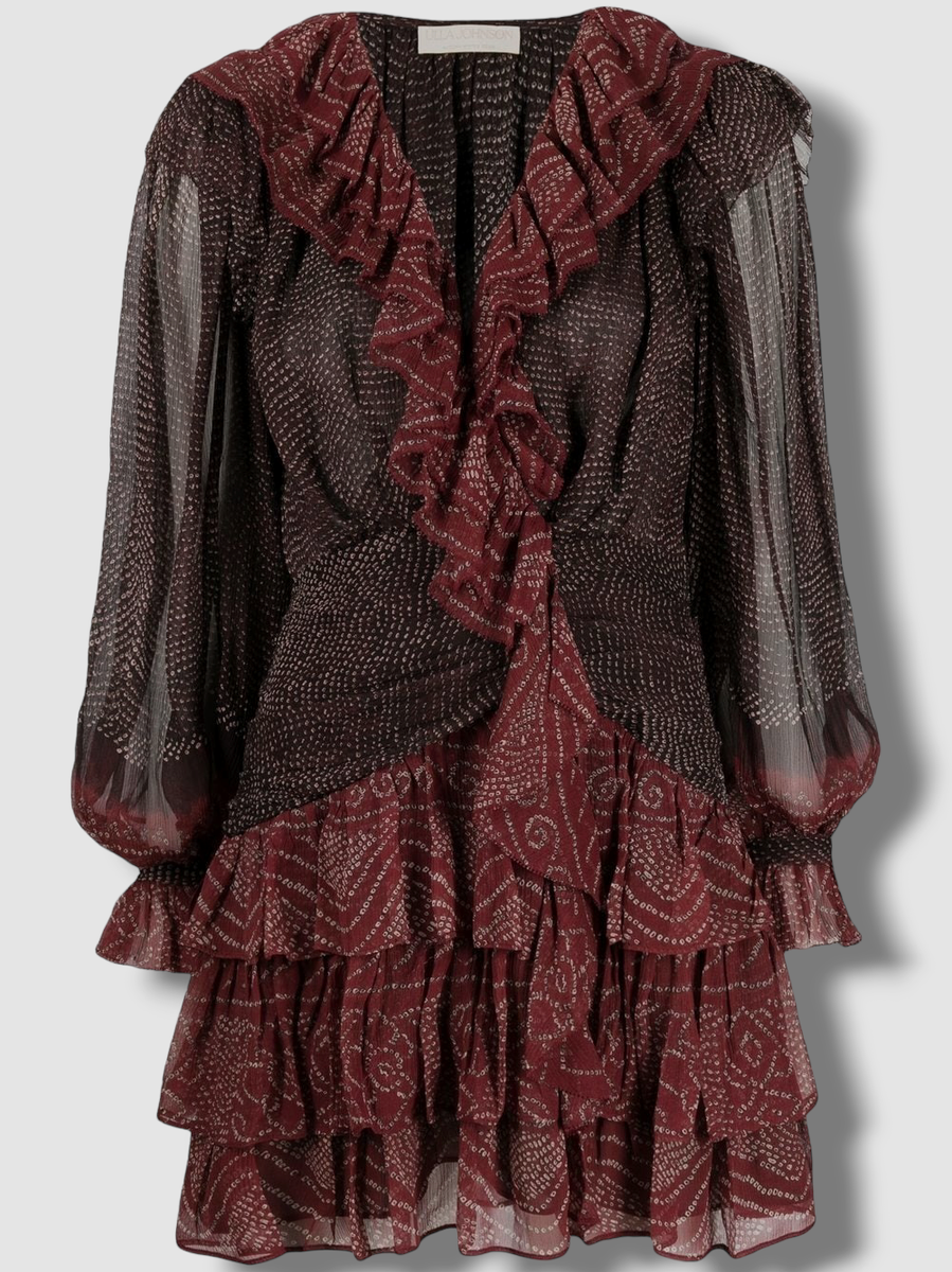 るるです！ $695 Ulla Johnson Women's Red Long-Sleeve V-Neck Sara Ruffled Mini