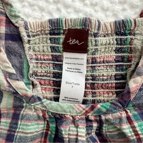 Top a Cuadros Tea Girls Mezcla de Lino con Ribete de Pompón Talla 7 Preppy Madras Verano Foto 3 de 4