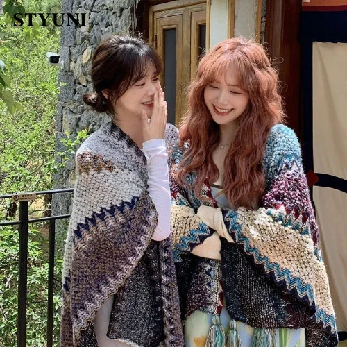 Folk Stripe Vintage Poncho Knitted Woman Loose V-Neck Tassel Bat Sleeved Capes - Image 3 of 4