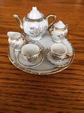 10 Pc Porcelain MINIATURE TEA COFFEE SET White And Gold Flower Design Made Japan