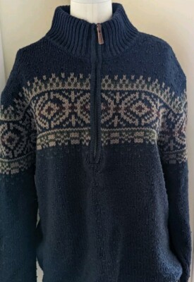 Smart Wool CHUP Fair Isle Sweater Men's Quarter Zip Navy Wool Large Cabincore