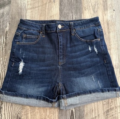 Risen Dark Wash High Rise Distressed Cuff Denim Stretch Shorts Size Medium