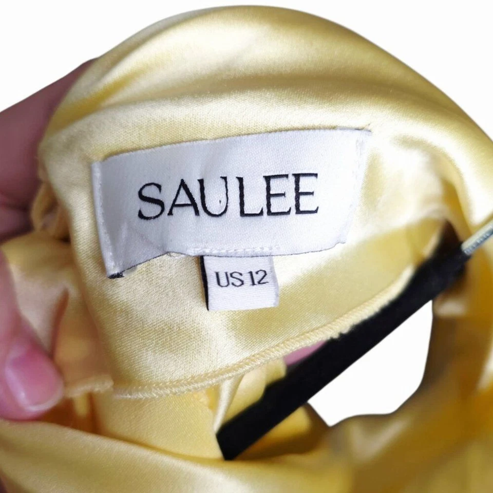 Sau Lee Penelope Satin Maxi Gown Popcorn Yellow Halter Backless Bias Slit Sz 12 - Image 4 of 4