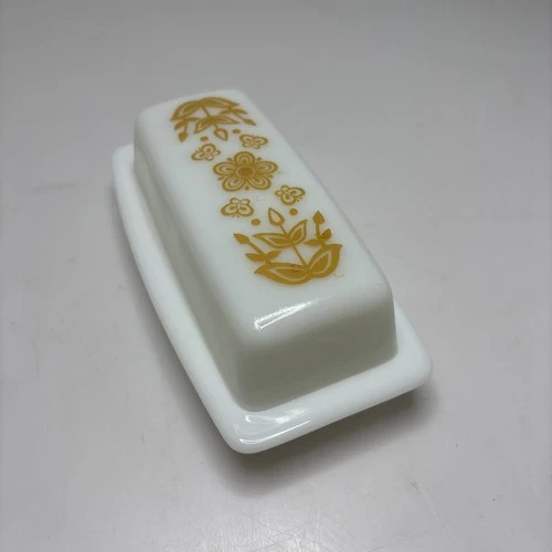 Vintage Pyrex Butterfly Gold Milk Glass Covered Butter Dish w/ Lid