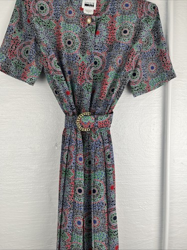 80’s Leslie Fay Midi Secretary Teacher Dress 8 Pleated Skirt Shoulder Pads Belt - Picture 2 of 18